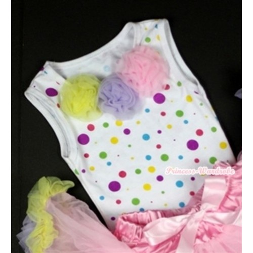 White Rainbow Dots Baby Pettitop with Yellow Light Purple Light Pink Rosettes NT160 