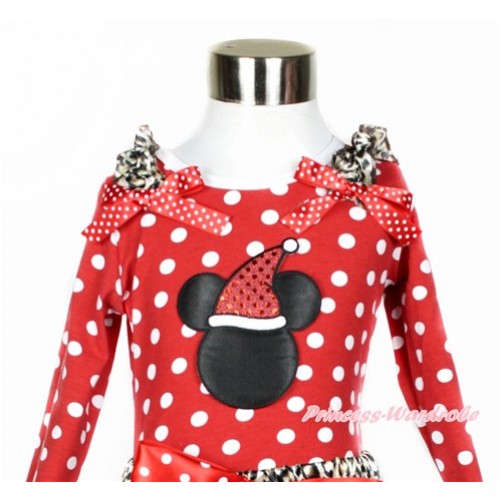 Xmas Minnie Dots Long Sleeves Top With Leopard Ruffles & Minnie Dots Bow with Christmas Minnie Print TO312 