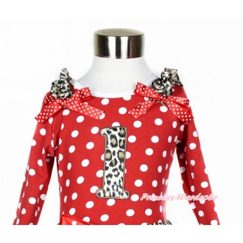 Minnie Dots Long Sleeves Top With Leopard Ruffles & Minnie Dots Bow with 1st Leopard Birthday Number Print TO313 