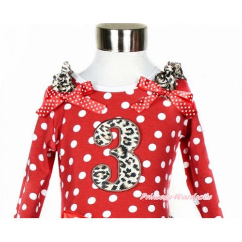 Minnie Dots Long Sleeves Top With Leopard Ruffles & Minnie Dots Bow with 3rd Leopard Birthday Number Print TO315 