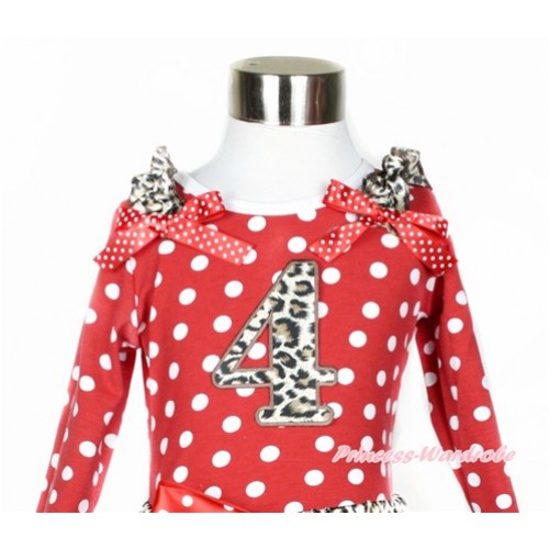 Minnie Dots Long Sleeves Top With Leopard Ruffles & Minnie Dots Bow with 4th Leopard Birthday Number Print TO316 