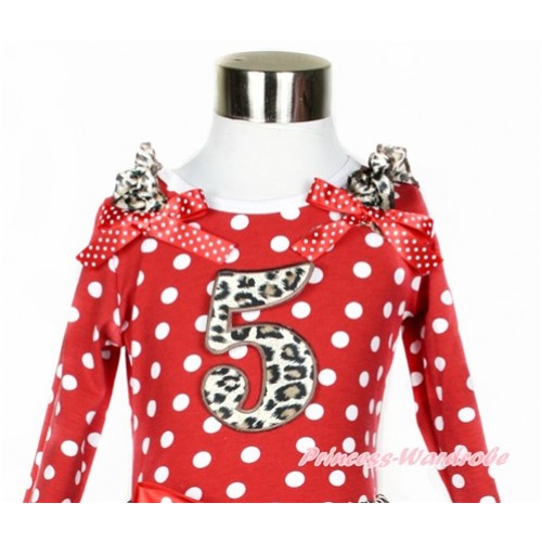 Minnie Dots Long Sleeves Top With Leopard Ruffles & Minnie Dots Bow with 5th Leopard Birthday Number Print TO317 