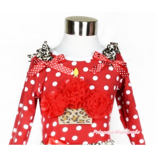 Minnie Dots Long Sleeves Top With Leopard Ruffles & Minnie Dots Bow with Red Rosettes Leopard Birthday Cake Print TO319 