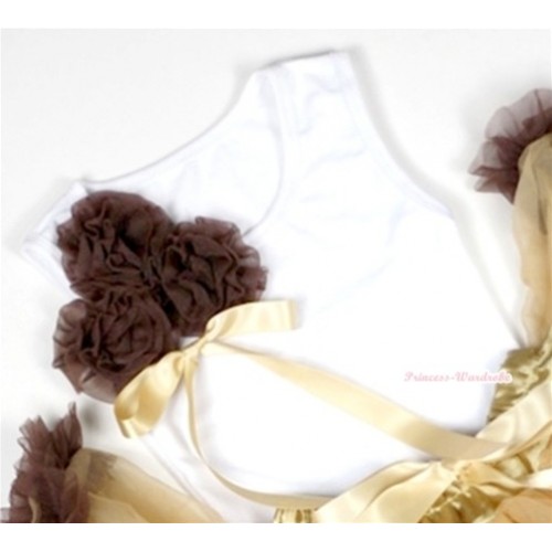 White Tank Top with Bunch of Brown Rosettes and Goldenrod Bow TB221 