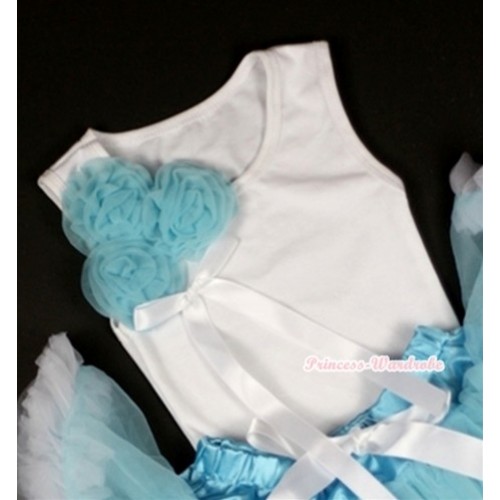 White Tank Top with Bunch of Light Blue Rosettes and White Bow TB223 