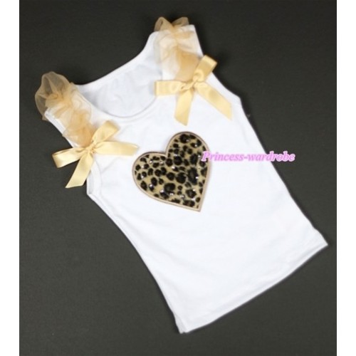 Leopard Heart Print White Tank Top with Goldenrod Ruffles &Goldenrod Bows TB210 