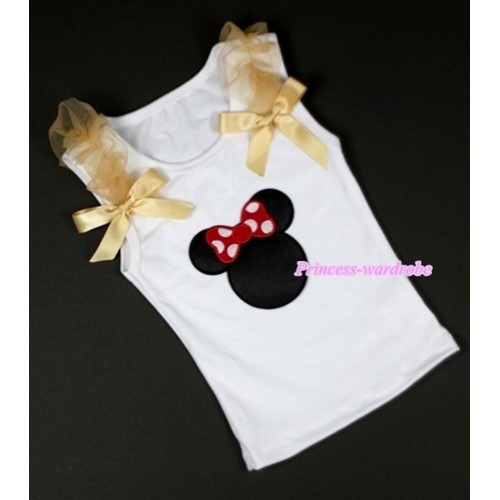 Minnie Print White Tank Top with Goldenrod Ruffles &Goldenrod Bows TB213 