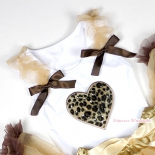 Leopard Heart Print White Tank Top with Goldenrod Ruffles &Brown Bows TB214 