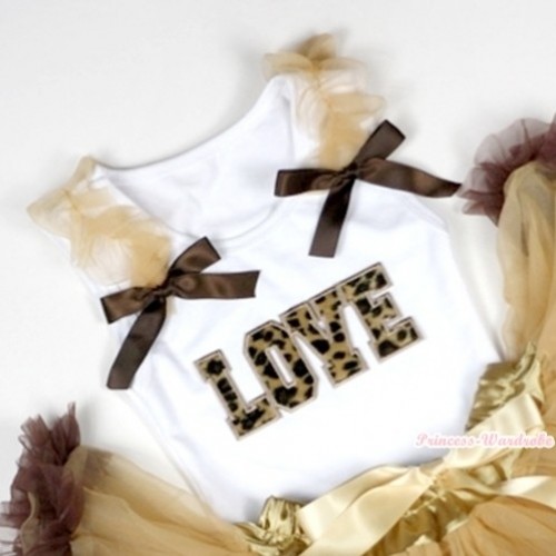 Leopard Love Print White Tank Top with Goldenrod Ruffles &Brown Bows TB215 