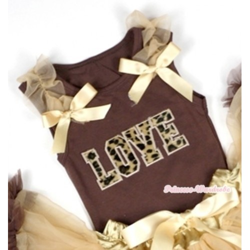 Leopard Love Print Brown Tank Top with Goldenrod Ruffles &Goldenrod Bows TM212 