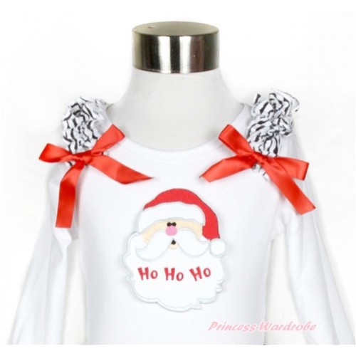 Xmas White Long Sleeves Top with Zebra Ruffles & Red Bow & Santa Claus Print TW403 