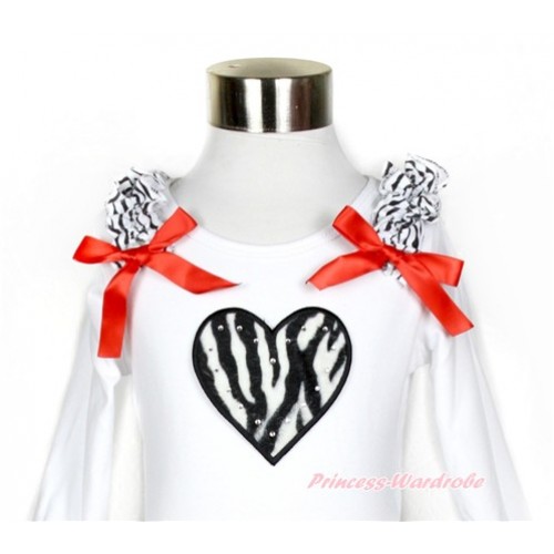 White Long Sleeves Top with Zebra Ruffles & Red Bow & Zebra Heart Print TW405 