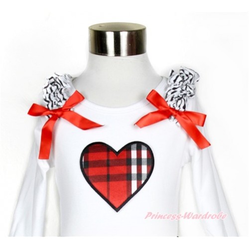 White Long Sleeves Top with Zebra Ruffles & Red Bow & Red Black Checked Heart Print TW406 