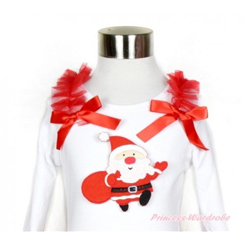 Xmas White Long Sleeves Top with Red Ruffles & Red Bow & Gift Bag Santa Claus Print TW412 