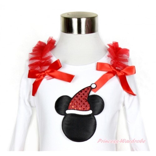 Xmas White Long Sleeves Top with Red Ruffles & Red Bow & Christmas Minnie Print TW417 