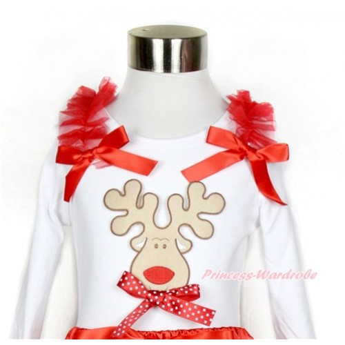 Xmas White Long Sleeves Top with Red Ruffles & Red Bow & Christmas Reindeer Print & Minnie Dots Bow TW418 