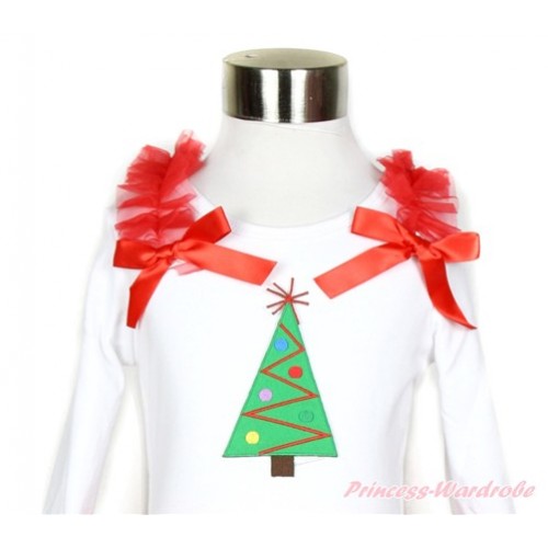 Xmas White Long Sleeves Top with Red Ruffles & Red Bow & Christmas Tree Print TW419 