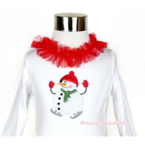 Xmas White Long Sleeves Top with Red Lacing With Ice-Skating Snowman Print TO321 
