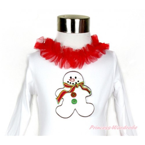 Xmas White Long Sleeves Top with Red Lacing With Christmas Gingerbread Snowman Print TO322 