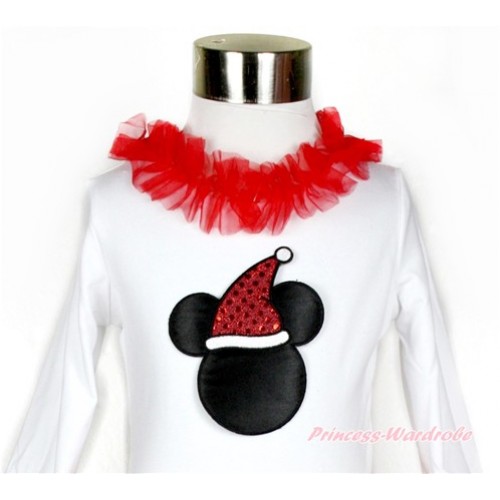 Xmas White Long Sleeves Top with Red Lacing With Christmas Minnie Print TO323 