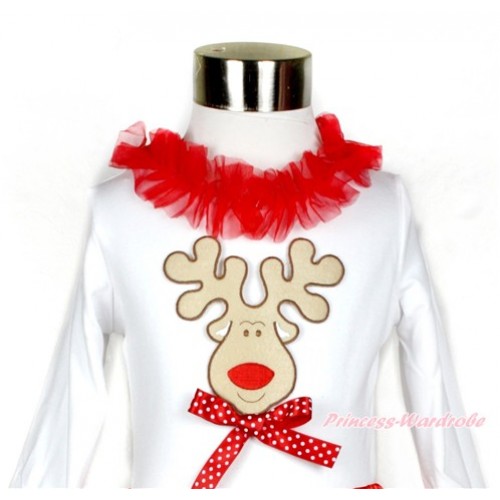 Xmas White Long Sleeves Top with Red Lacing With Christmas Reindeer Print & Minnie Dots Bow TO326 