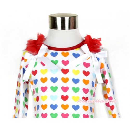 Rainbow Heart Long Sleeve Top with Red Ruffles & White Bow TO328 