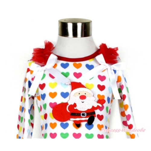 Xmas Rainbow Heart Long Sleeves Top With Red Ruffles & White Bow with Gift Bag Santa Claus Print TO329 