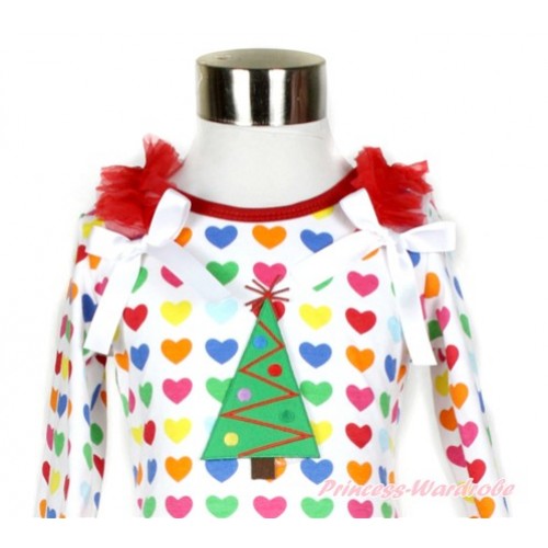 Xmas Rainbow Heart Long Sleeves Top With Red Ruffles & White Bow with Christmas Tree Print TO330 