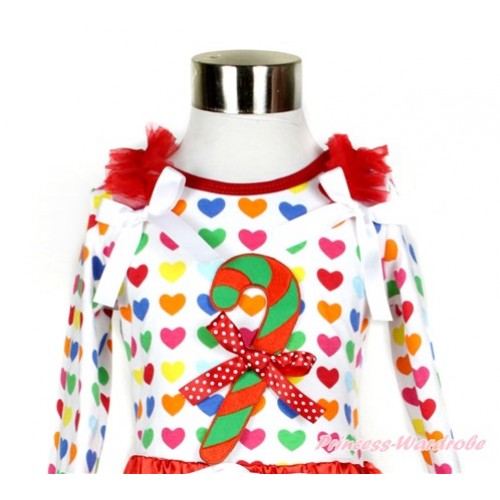 Xmas Rainbow Heart Long Sleeves Top With Red Ruffles & White Bow with Christmas Stick Print & Minnie Dots Bow TO331 