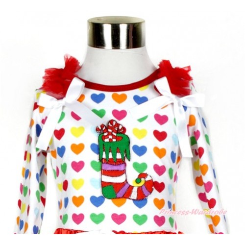 Xmas Rainbow Heart Long Sleeves Top With Red Ruffles & White Bow with Christmas Stocking Print TO332 