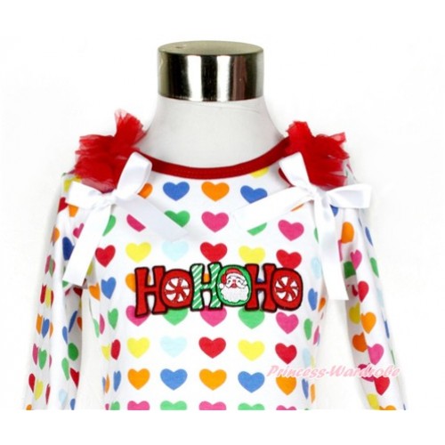 Xmas Rainbow Heart Long Sleeves Top With Red Ruffles & White Bow with HOHOHO Santa Claus Print TO333 