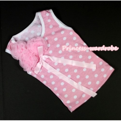 Light Pink White Dots Tank Top with Bunch of Light Pink Rosettes and Light Pink Bow TP113 