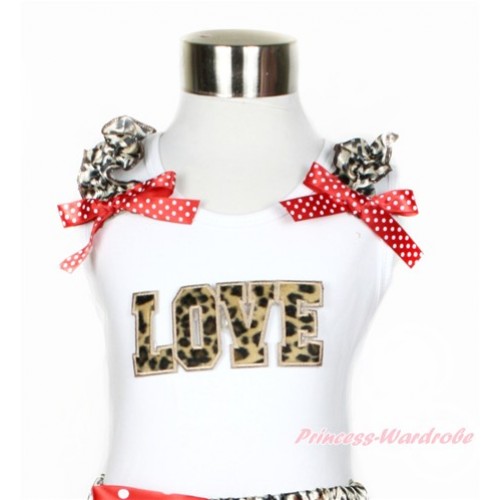 White Tank Top With Leopard Ruffles & Minnie Dots Bow With Leopard LOVE Print TB554 