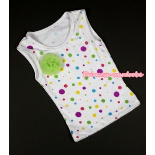 White Rainbow Dots Tank Tops with One Light Green Rose TP118 