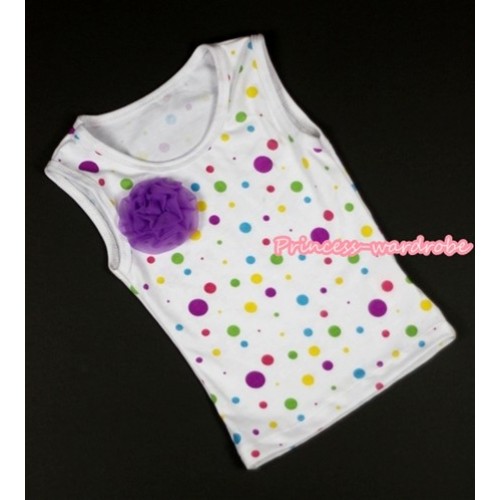 White Rainbow Dots Tank Tops with One Dark Purple Rose TP120 