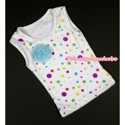 White Rainbow Dots Tank Tops with One Light Blue Rose TP121 