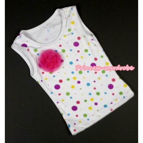 White Rainbow Dots Tank Tops with One Hot Pink Rose TP122 
