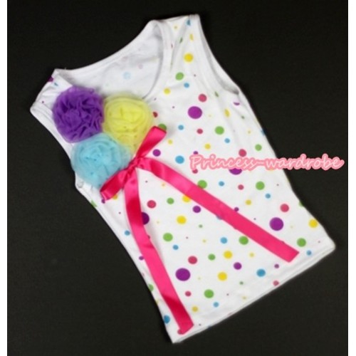 White Rainbow Dots Tank Top with Bunch of Dark Purple Light Blue Yellow Rosettes and Hot Pink Bow TP123 