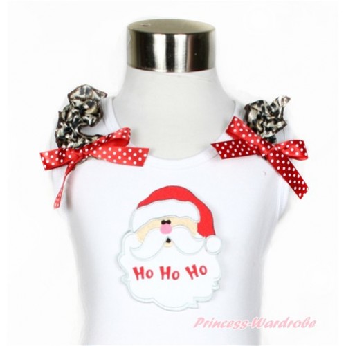 Xmas White Tank Top With Leopard Ruffles & Minnie Dots Bow With Santa Claus Print TB562 