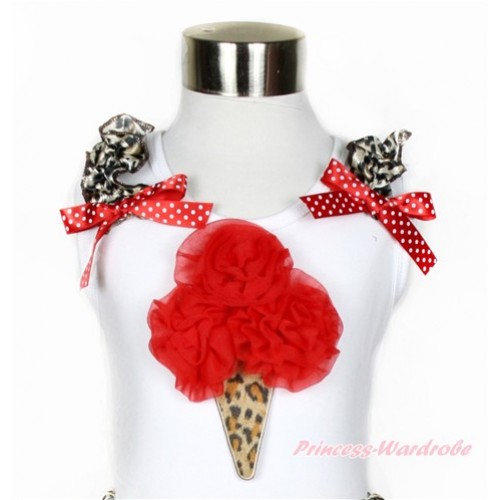 White Tank Top With Leopard Ruffles & Minnie Dots Bow With Red Rosettes Leopard Ice Cream Print TB565 