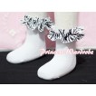 Plain Style Pure White Socks with Zebra Ruffles and Bow H201 