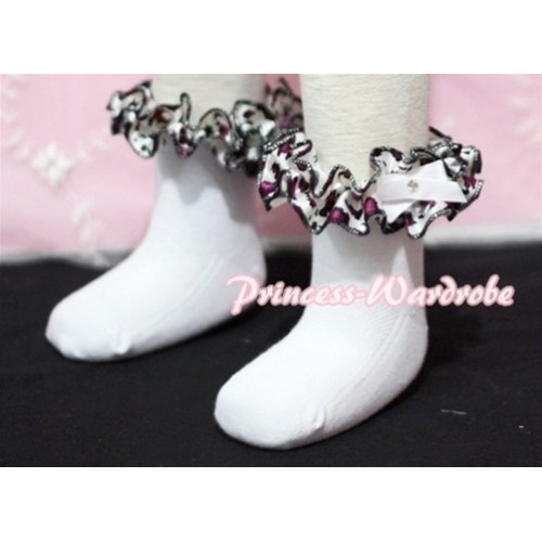 Plain Style Pure White Socks with Purple Leopard Ruffles and Bow H205 