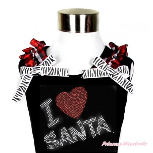 Xmas Black Tank Top With Red Black Checked Ruffles & Zebra Bow With Sparkle Crystal Bling Rhinestone I Love Santa Print TB574 