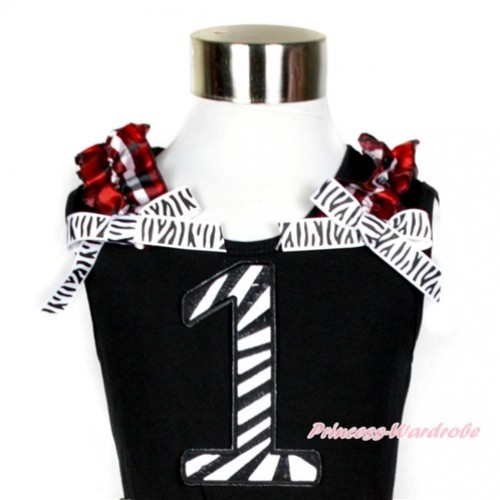 Black Tank Top With Red Black Checked Ruffles & Zebra Bow With 1st Zebra Birthday Number Print TB575 