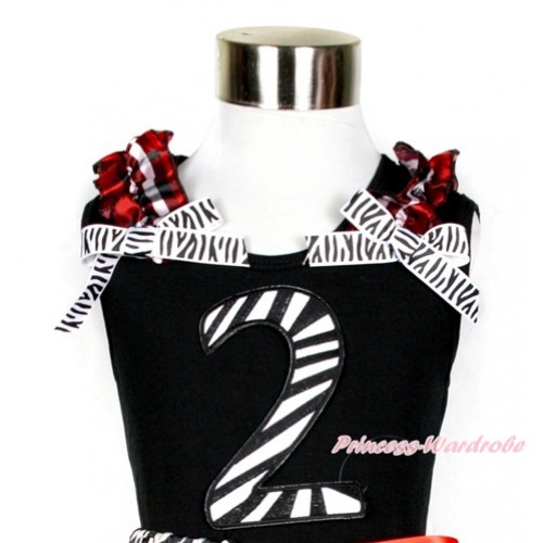 Black Tank Top With Red Black Checked Ruffles & Zebra Bow With 2nd Zebra Birthday Number Print TB576 