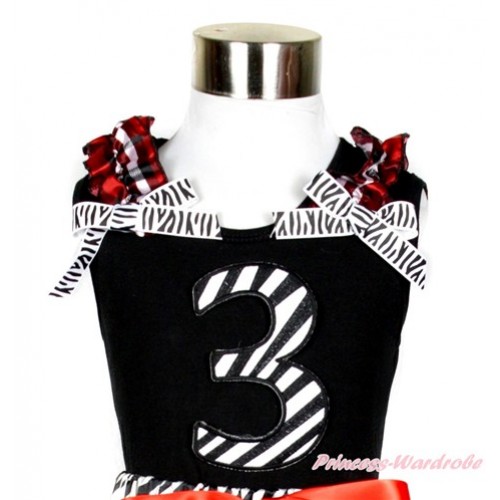 Black Tank Top With Red Black Checked Ruffles & Zebra Bow With 3rd Zebra Birthday Number Print TB577 