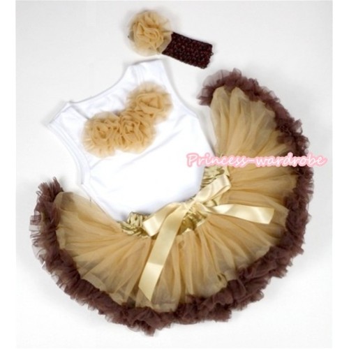 White Baby Pettitop with Goldenrod Rosettes with Light Dark Brown Newborn Pettiskirt &Brown Headband Goldenrod Rose 3PC Set NG1098 
