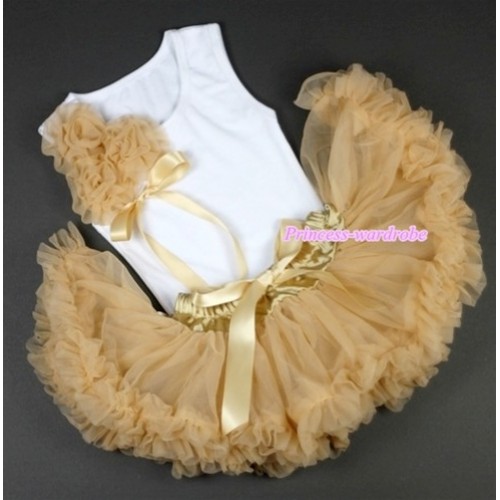White Baby Pettitop with Bunch of Goldenrod Rosettes &Goldenrod Bow with Goldenrod Newborn Pettiskirt NG1094 