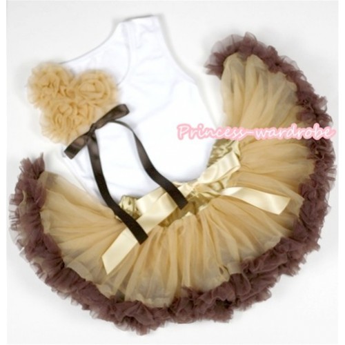 White Baby Pettitop with Bunch of Goldenrod Rosettes &Brown Bow with Light Dark Brown Newborn Pettiskirt NG1096 