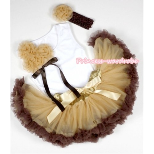 White Baby Pettitop with Bunch of Goldenrod Rosettes& Brown Bow with Light Dark Brown Newborn Pettiskirt &Brown Headband Goldenrod Rose 3PC Set NG1102 